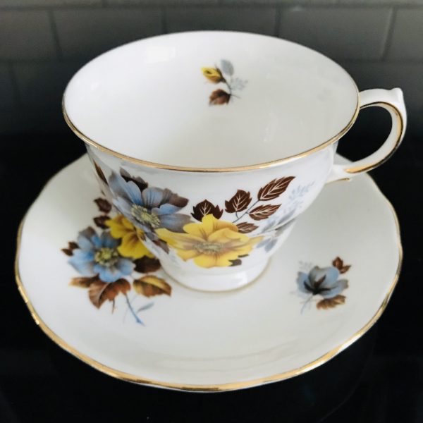 Royal Vale Tea cup and saucer England Fine bone china Yellow & Bllue Floral with brown leaves farmhouse collectible display coffee