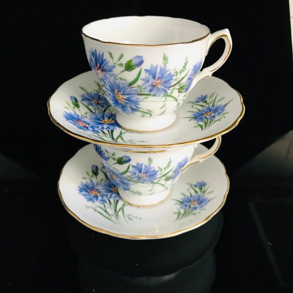 Royal Vale Tea cup and saucer PAIR England Fine bone china Blue Bachelors Buttons or cornflowers farmhouse collectible display coffee bridal