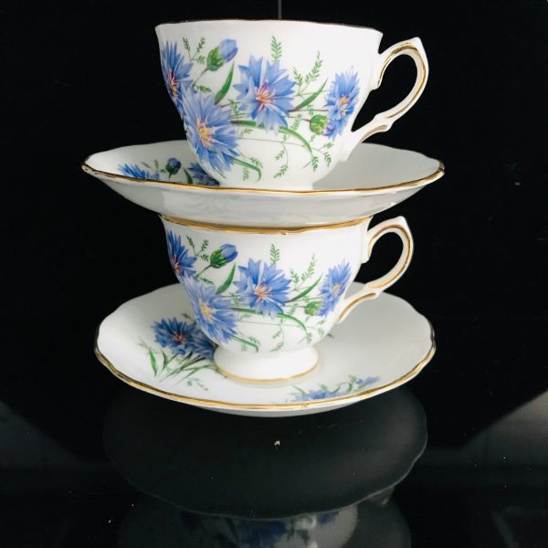 Royal Vale Tea cup and saucer PAIR England Fine bone china Blue Bachelors Buttons or cornflowers farmhouse collectible display coffee bridal