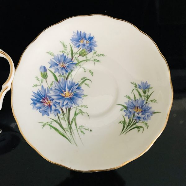 Royal Vale Tea cup and saucer TRIO England Fine bone china Blue Bachelors Buttons or cornflowers farmhouse collectible display coffee bridal
