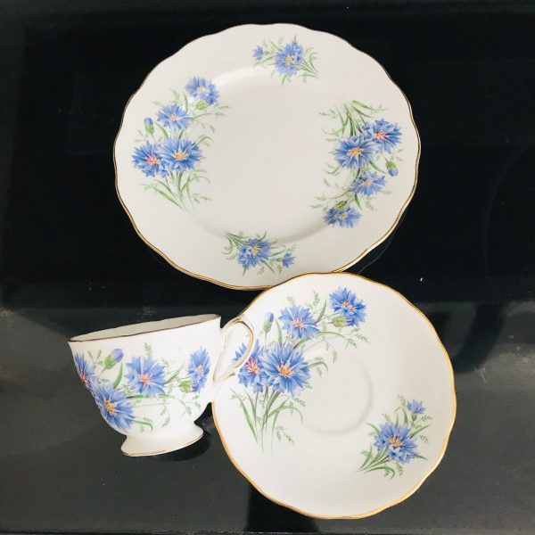 Royal Vale Tea cup and saucer TRIO England Fine bone china Blue Bachelors Buttons or cornflowers farmhouse collectible display coffee bridal