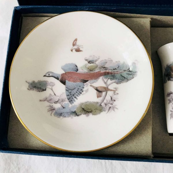 Royal Worcester cigarette holder and ashtray new old stock in box hunting scene pheasants fine bone china England collectible display