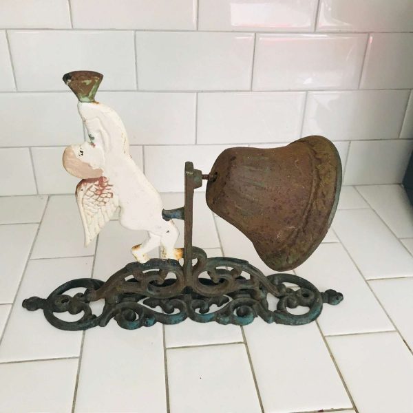 Rustic Farmhouse Dinner Bell Outdoor call bell with large ringer cherub top ornate hanger collectible display farm barn ranch cast iron