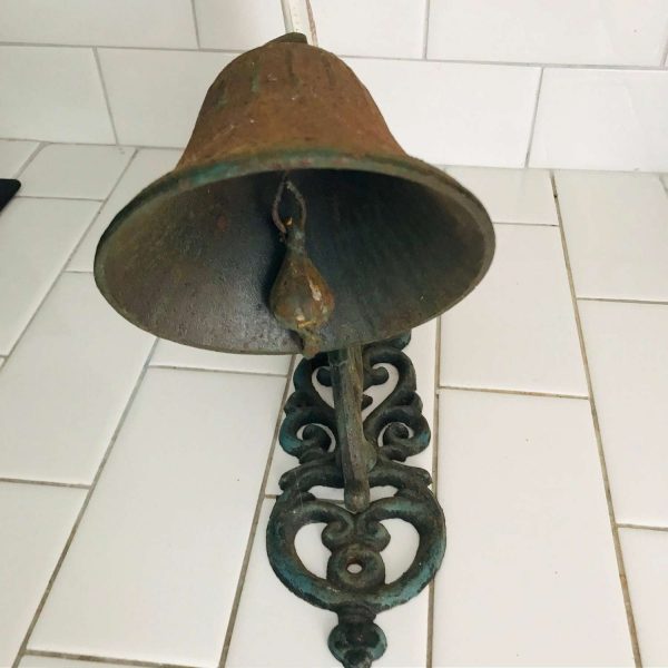 Rustic Farmhouse Dinner Bell Outdoor call bell with large ringer cherub top ornate hanger collectible display farm barn ranch cast iron