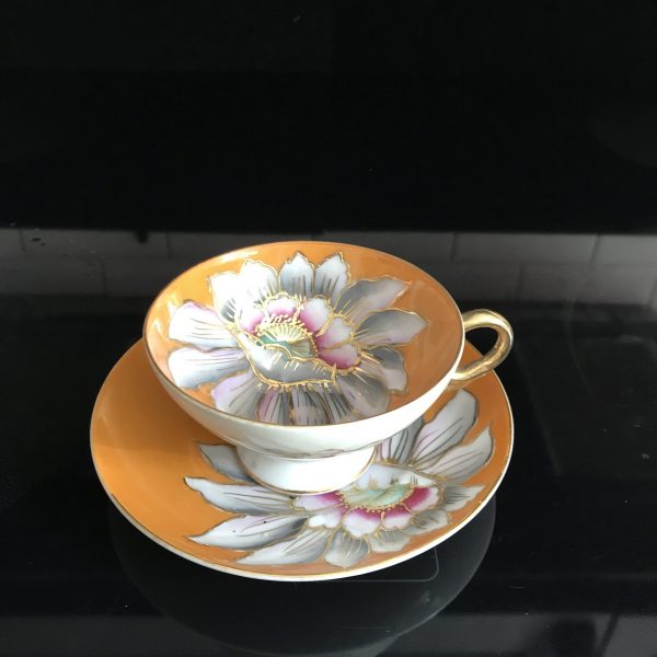 Saji tea cup and saucer Japan Fine bone china mustard yellow heavy gold pink gray white flower farmhouse collectible display coffee