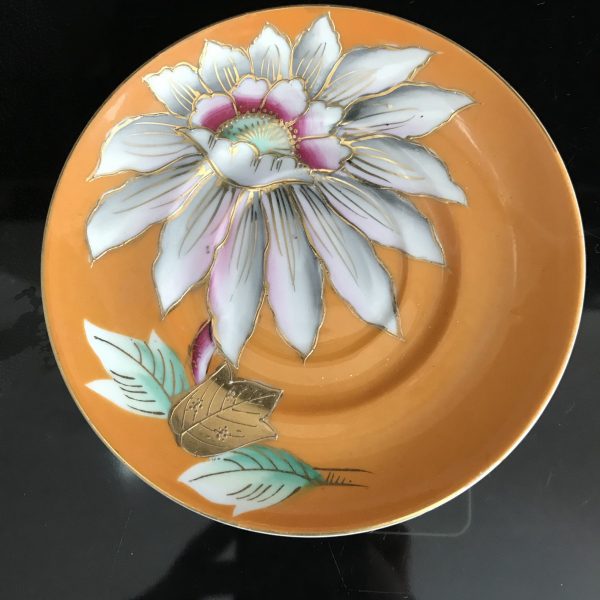 Saji tea cup and saucer Japan Fine bone china mustard yellow heavy gold pink gray white flower farmhouse collectible display coffee