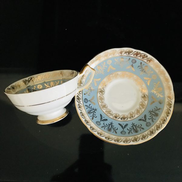 Salisbury Tea cup and saucer England Fine bone china Blue and gold 3802R gold trim farmhouse cottage collectible display serving