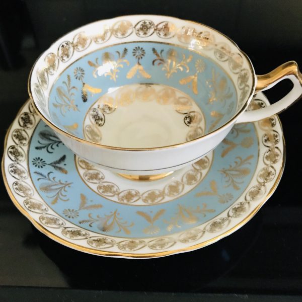 Salisbury Tea cup and saucer England Fine bone china Blue and gold 3802R gold trim farmhouse cottage collectible display serving
