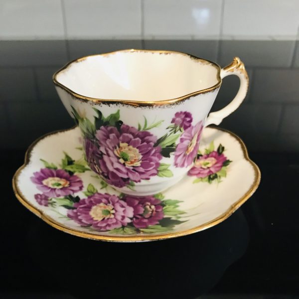 Salisbury Tea cup and saucer England Fine bone china Purple Zenia Flowers gold trim farmhouse cottage collectible display serving