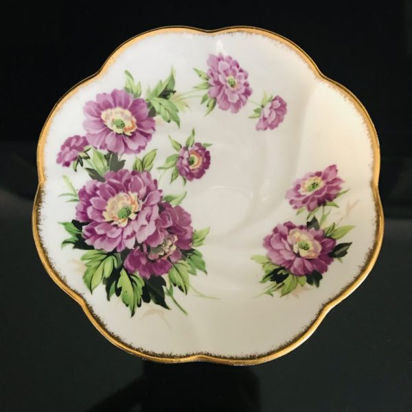 Salisbury Tea cup and saucer England Fine bone china Purple Zenia Flowers gold trim farmhouse cottage collectible display serving