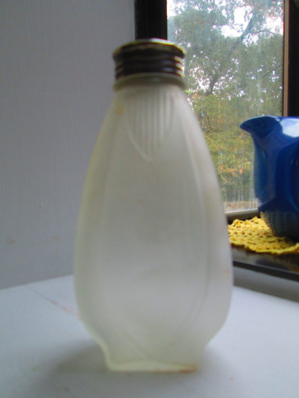 Satin Glass Vintage Talcum powder Jar 7-14-1925 Pat. Date Twist Brass lid to dispense