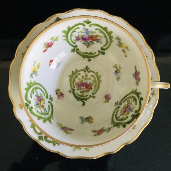 SAXE Tea cup and saucer Germany Fine bone china Green scrolls gold trim dresden flower pattern orange purple yellow farmhouse collectible