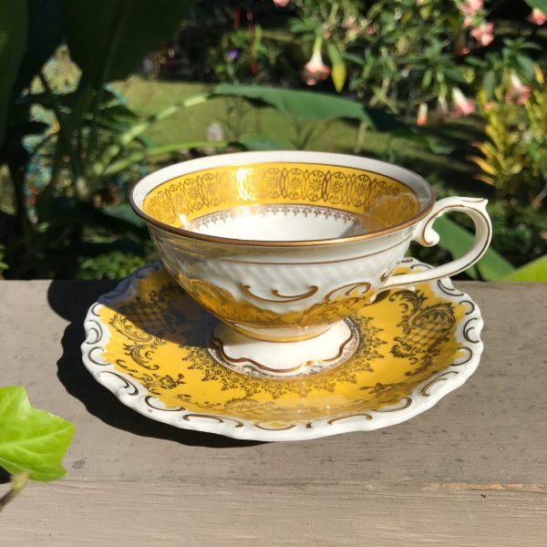 Schumann Bavaria Germany tea cup and saucer Fine bone Bright Yellow gold trim farmhouse collectible display dining