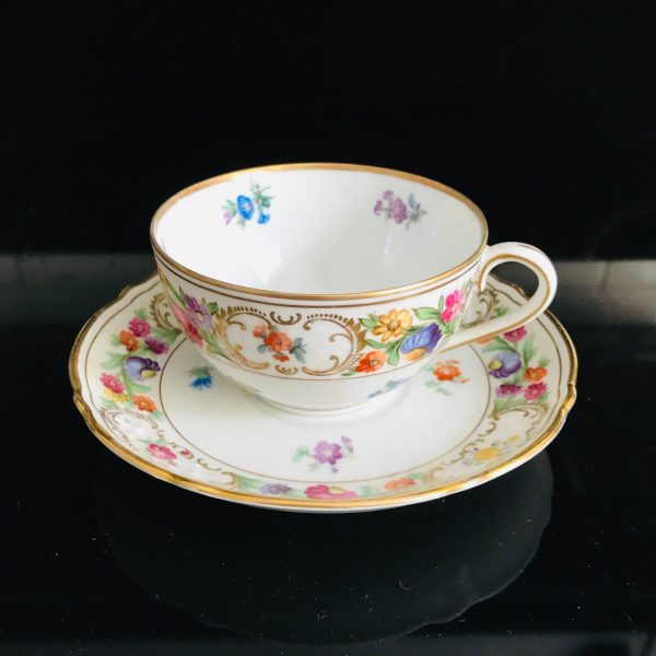 Schumann Bavaria Germany tea cup and saucer Fine bone Dresden Flower Pattern gold trim farmhouse collectible display dining