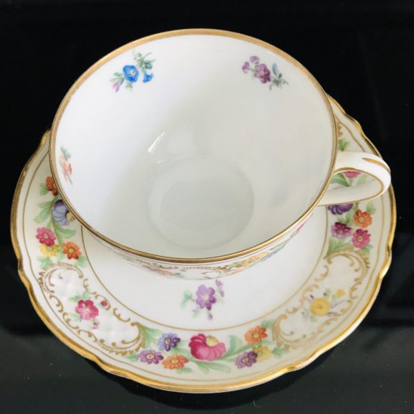 Schumann Bavaria Germany tea cup and saucer Fine bone Dresden Flower Pattern gold trim farmhouse collectible display dining