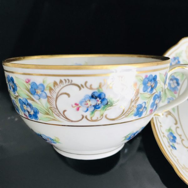 Schumann Bavaria Germany tea cup and saucer Fine bone Forget me not blue floral Flower gold trim farmhouse collectible display dining bridal