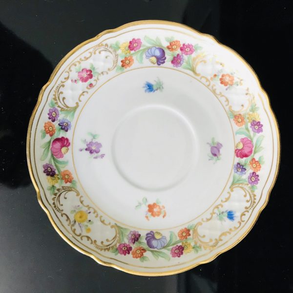 Schumann Bavaria Germany US ZONE 1940's tea cup and saucer Fine bone Dresden Flower Pattern gold trim farmhouse collectible display dining
