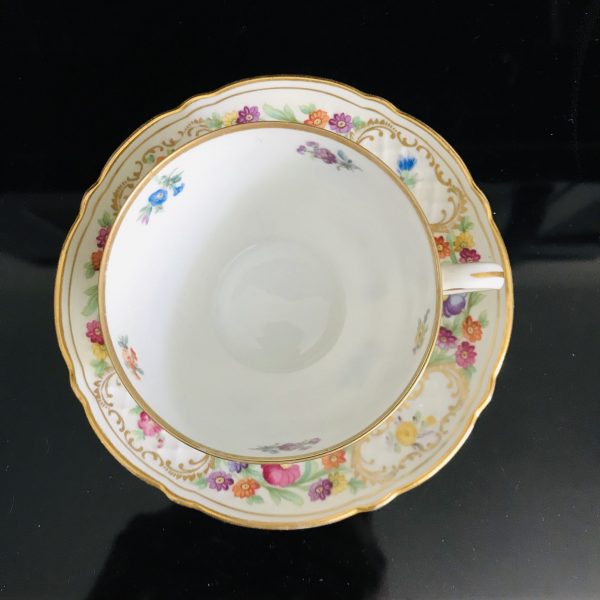 Schumann Bavaria Germany US ZONE 1940's tea cup and saucer Fine bone Dresden Flower Pattern gold trim farmhouse collectible display dining