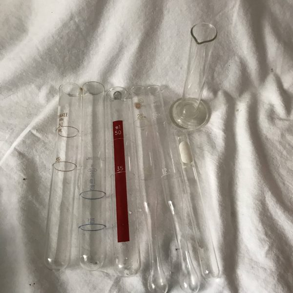 Scientific Lab equipment lot of test tubes and basket medical dental science pharmacy pharmaceutical collectible display pyrex