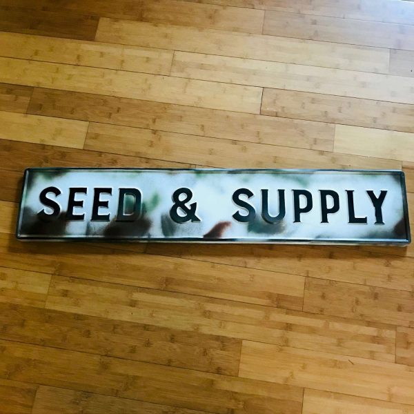 Seed and Supply enamel sign 44"x9" painted for distressed look white with black trim 1" thick farmhouse ranch barn collectible display wall