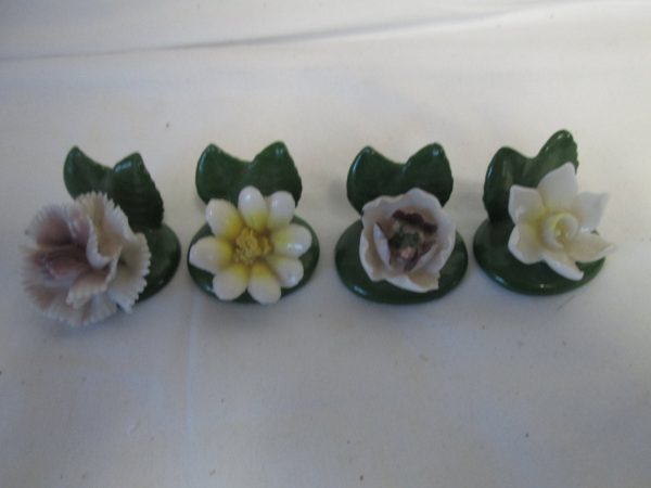Set of 4 Fine bone china place card holder miniature fine hand crafted flowers Mid Century Japan