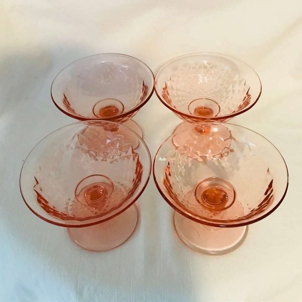 Set of 4 Pink Sherbet Fruit cups Depression Glass Diamond Quilted Pedestal serving dining farmhouse collectible display glass