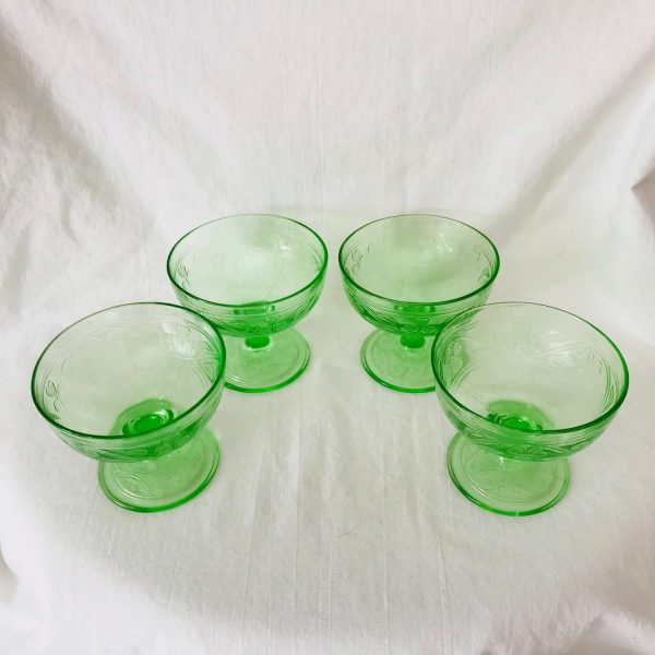Set of 4 Uranium Glass Sherbet cups dessert bowls Clover pattern fruit cups green glass farmhouse collectible display kitchen dining
