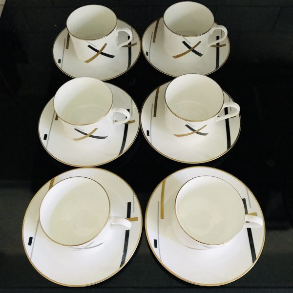 Set of 6 Daniel Hetcher Tea cup and saucer set Fine bone china Paris gold & black lines gold trim sleek atomic Modern