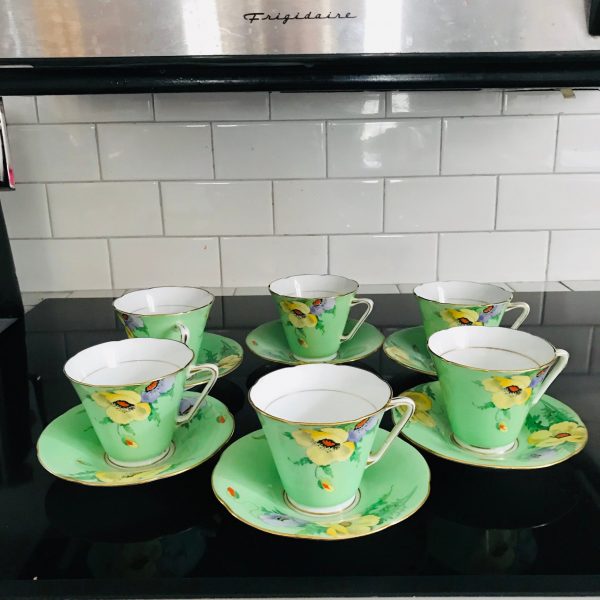 Set of 6 Grafton Tea cup and saucers England Fine bone china Apples Green yellow Poppies RARE FIND collectible display coffee A.J.