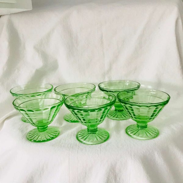 Set of 6 Uranium Glass Sherbet cups block optic dessert bowls fruit cups green glass farmhouse collectible display kitchen dining