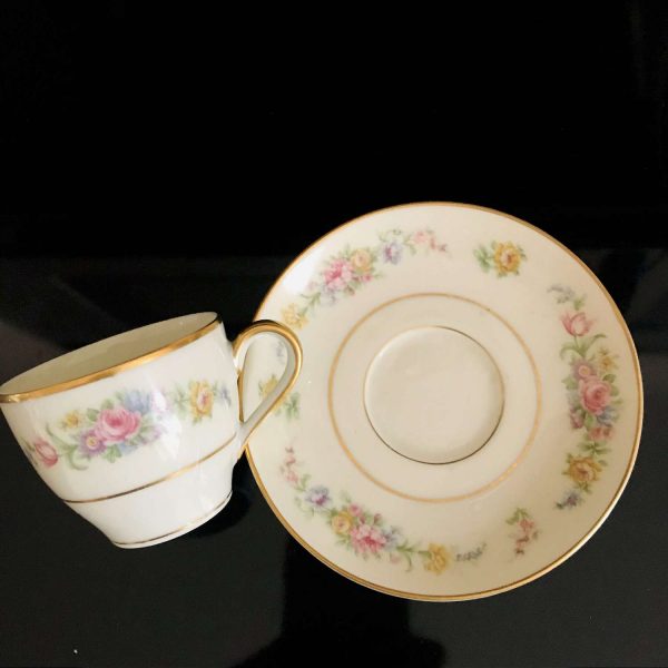 Sévres Limoge France Demitasse Tea cup and Saucer Pink Yellow & blue flowers collectible display farmhouse gold trim 8 available