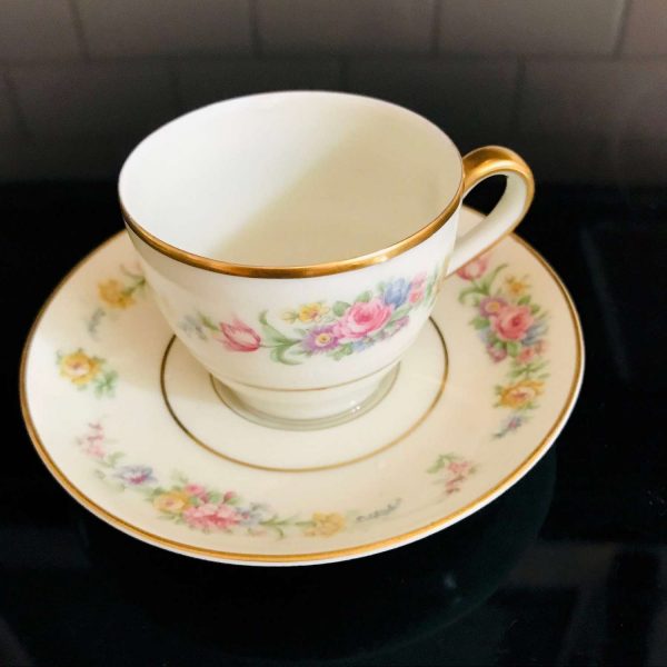 Sévres Limoge France Demitasse Tea cup and Saucer Pink Yellow & blue flowers collectible display farmhouse gold trim 8 available