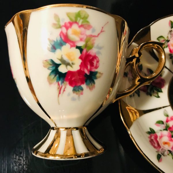 Shafford tea cup and saucer Japan Fine bone china Pink yellow & dark pink roses farmhouse collectible display coffee heavy gold