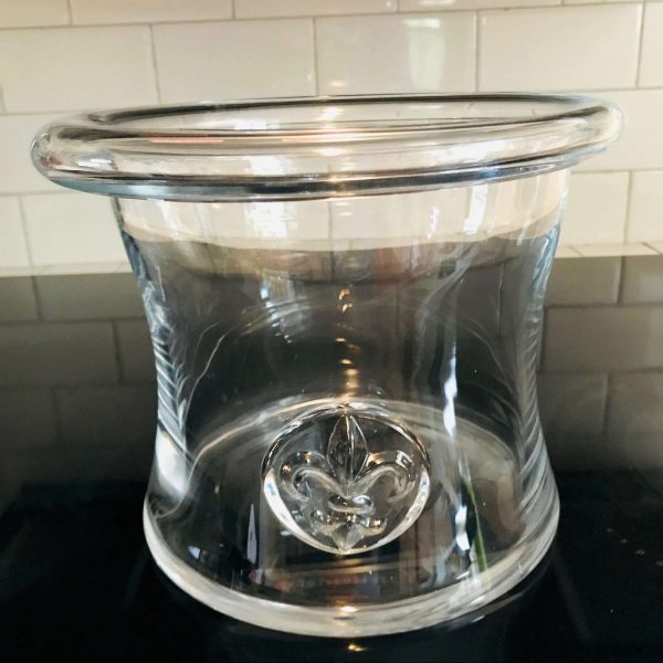 Shannnon Crystal Ice Bucket with raised Fluer De Lis Clear crystal sleek design roll down rim watermark Ireland