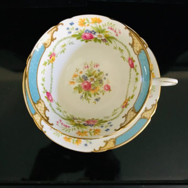 Shelley Tea cup and saucer England Fine bone china blue trim with floral bouquets gold trim farmhouse cottage coffee