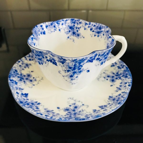 Shelley Tea cup and saucer England Fine bone china Dainty Cobalt blue flowers farmhouse cottage collectible display bridal wedding coffee