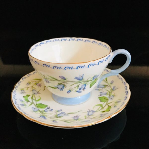 Shelley Tea cup and saucer England Fine bone china English light blue trim & handle Karebell pattern blue flowers farmhouse cottage purple