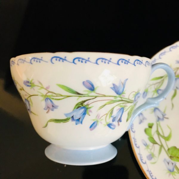 Shelley Tea cup and saucer England Fine bone china English light blue trim & handle Karebell pattern blue flowers farmhouse cottage purple