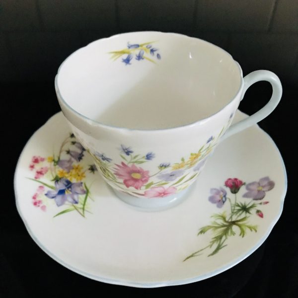 Shelley Tea cup and saucer England Fine bone china English light blue trim & handle Wild Flowers farmhouse cottage purple