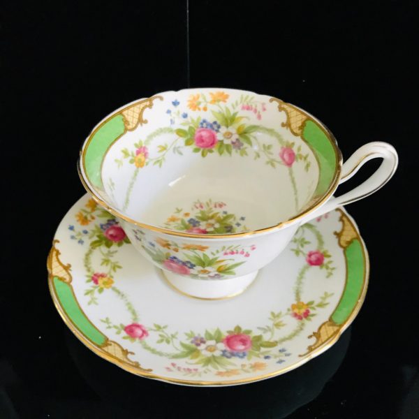 Shelley Tea cup and saucer England Fine bone china green trim with floral bouquets gold trim farmhouse cottage coffee