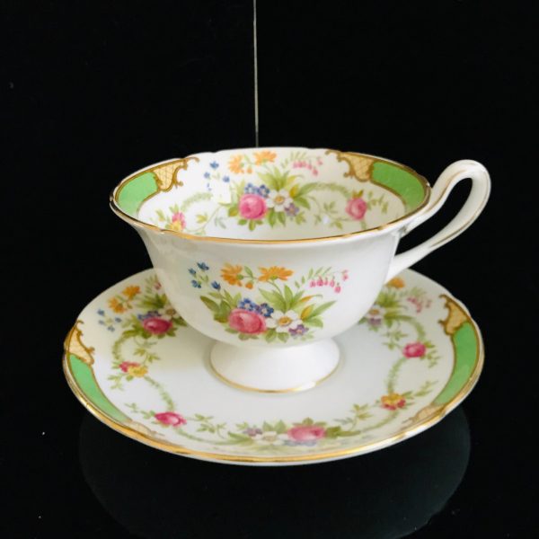 Shelley Tea cup and saucer England Fine bone china green trim with floral bouquets gold trim farmhouse cottage coffee