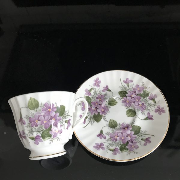 Sheltonian Tea cup and saucer Fine bone china England Lavender Violas purple flowers farmhouse collectible display bridal
