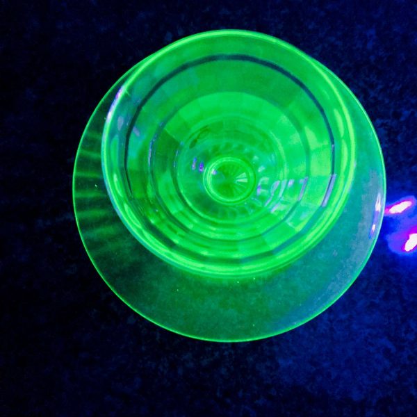 Single Uranium Glass Sherbet cup with under plates dessert bowls fruit cups green glass farmhouse collectible display kitchen dining