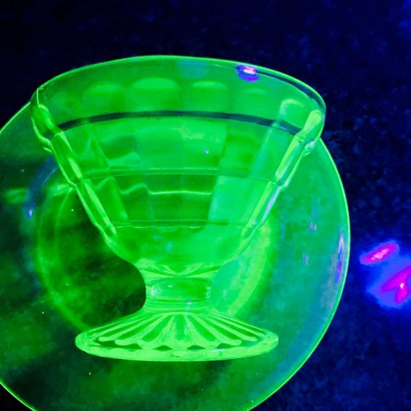 Single Uranium Glass Sherbet cup with under plates dessert bowls fruit cups green glass farmhouse collectible display kitchen dining