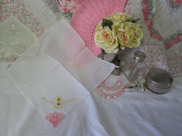 Small Cotton Embroidered floral hanky with one lace corner cottage decor display collectible shabby chic shadow box