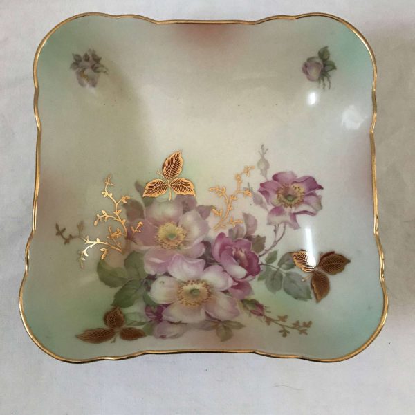 Square Bowl decorative gold trimmed Schumann Arzberg Germany heavy gold trim Floral serving dining hand painted Dish