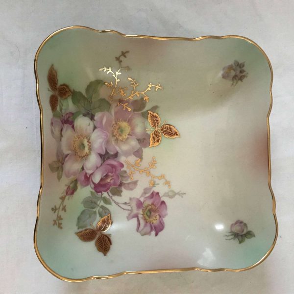 Square Bowl decorative gold trimmed Schumann Arzberg Germany heavy gold trim Floral serving dining hand painted Dish