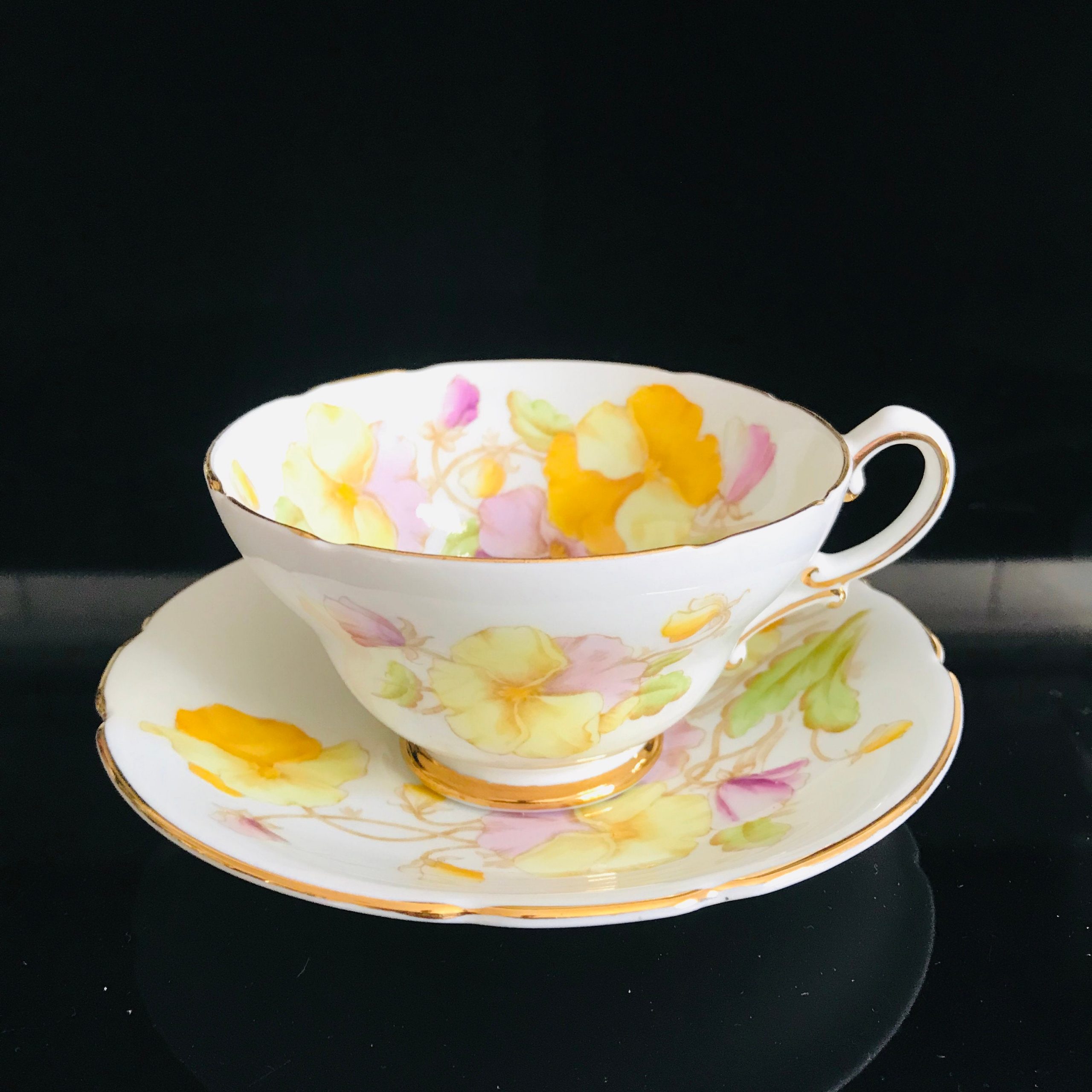 Stanley Tea Cup And Saucer England Fine Bone China Pink Purple Yellow Pansies Detailed Gold Trim