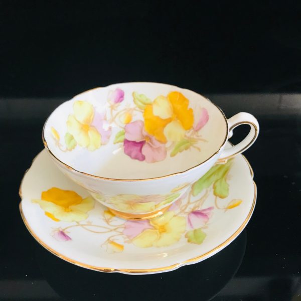 Stanley Tea cup and saucer England Fine bone china Pink Purple Yellow Pansies Detailed gold trim farmhouse collectible display serving