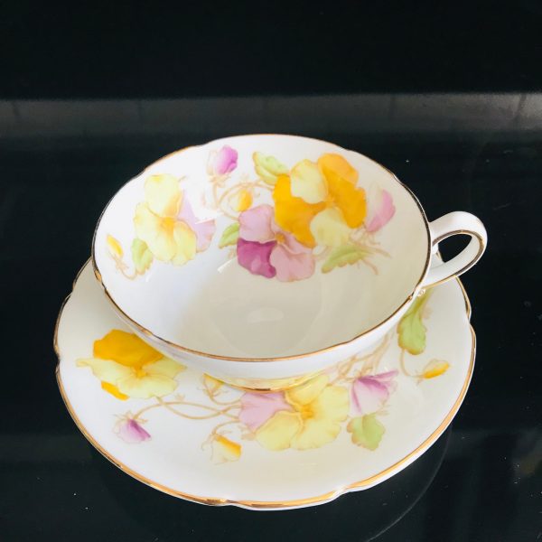 Stanley Tea cup and saucer England Fine bone china Pink Purple Yellow Pansies Detailed gold trim farmhouse collectible display serving
